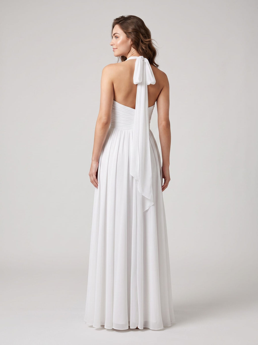 White Chiffon A-Line Halter neckline Bow Floor-Length Dress with Banded Waist - Curvevia