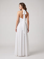 White Chiffon A-Line Halter neckline Bow Floor-Length Dress with Banded Waist - Curvevia