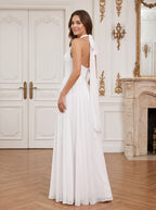 White Chiffon A-Line Halter neckline Bow Floor-Length Dress with Banded Waist - Curvevia