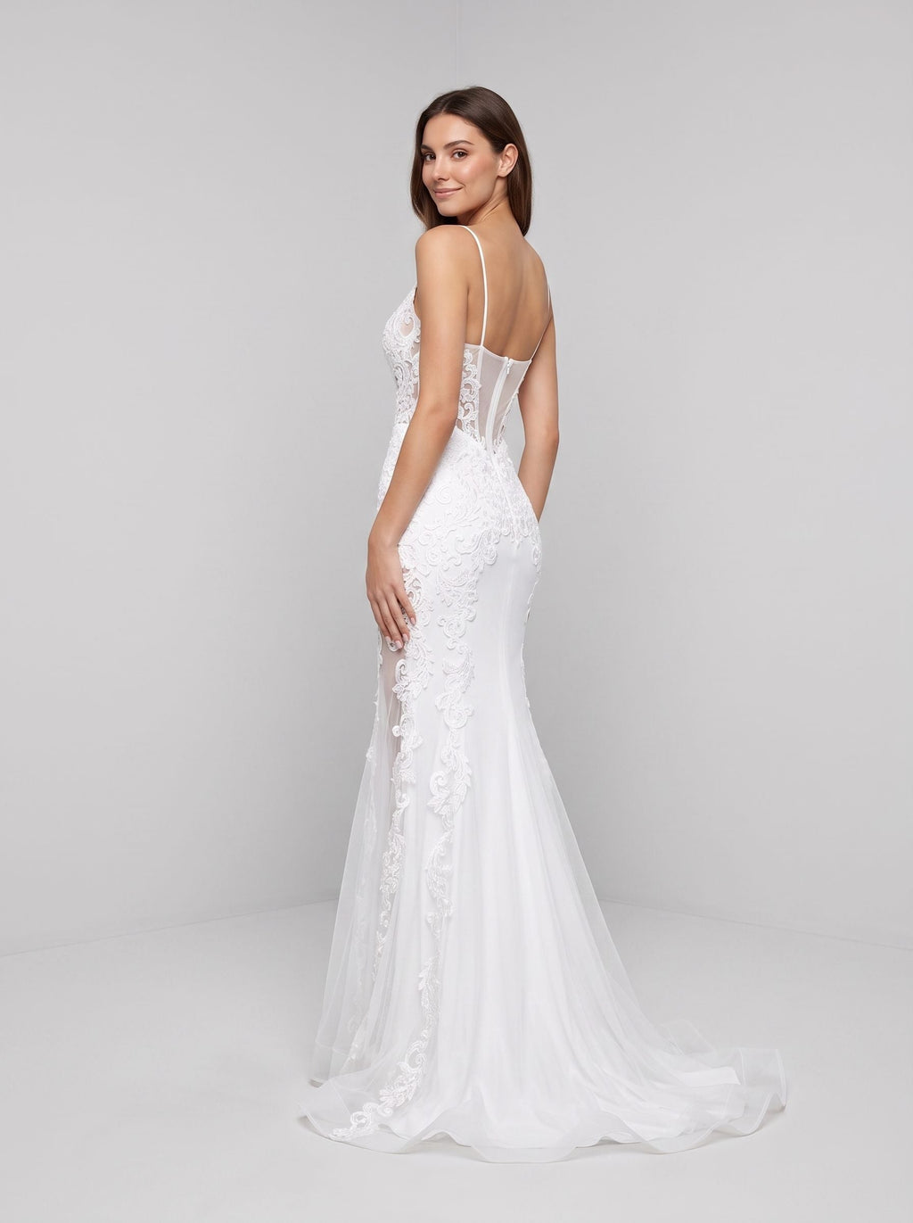 White Lace Mermaid V-Neck Illusion Floor-Length Dress with Sheer Lace Corset Bodice - Curvevia