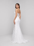 White Lace Mermaid V-Neck Illusion Floor-Length Dress with Sheer Lace Corset Bodice - Curvevia