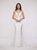 White Lace Mermaid V-Neck Illusion Floor-Length Dress with Sheer Lace Corset Bodice - Curvevia