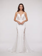 White Lace Mermaid V-Neck Illusion Floor-Length Dress with Sheer Lace Corset Bodice - Curvevia