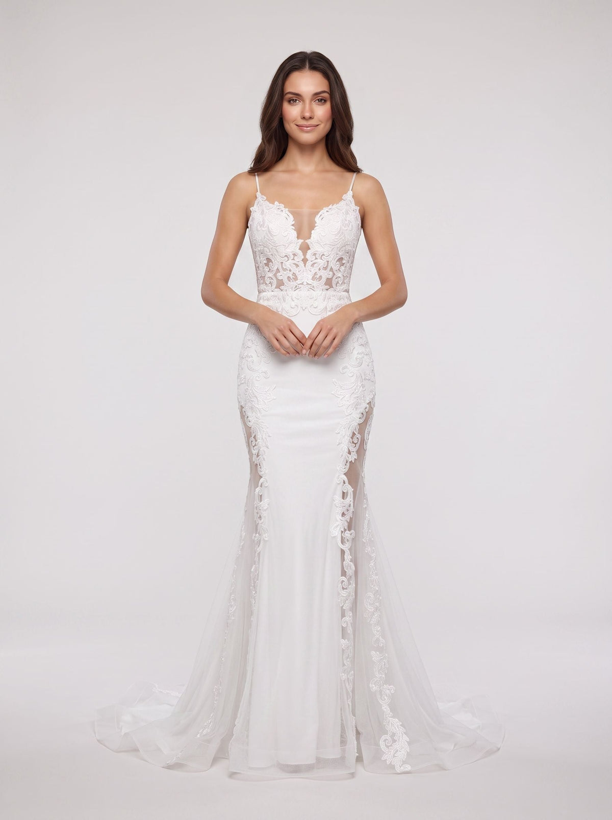 White Lace Mermaid V-Neck Illusion Floor-Length Dress with Sheer Lace Corset Bodice - Curvevia