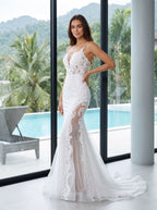 White Lace Mermaid V-Neck Illusion Floor-Length Dress with Sheer Lace Corset Bodice - Curvevia