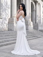 White Satin Mermaid Cowl Neck Bow Floor-Length Dress with Small Train - Curvevia