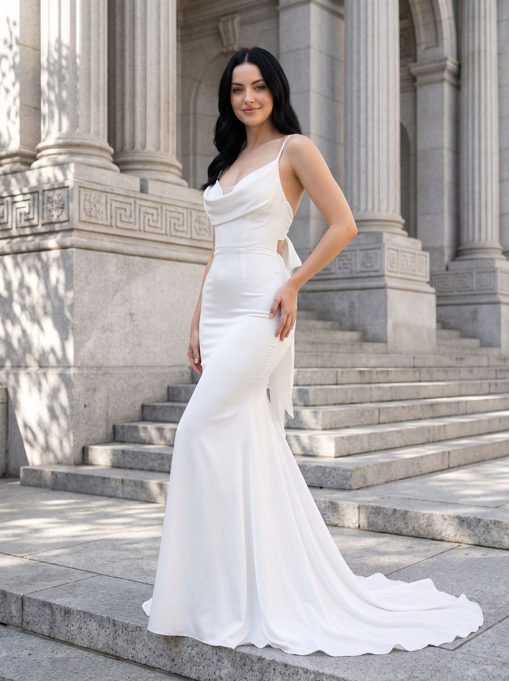 White Satin Mermaid Cowl Neck Bow Floor-Length Dress with Small Train - Curvevia