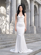 White Satin Mermaid Cowl Neck Bow Floor-Length Dress with Small Train - Curvevia