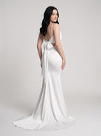 White Satin Mermaid Cowl Neck Bow Floor-Length Dress with Small Train - Curvevia