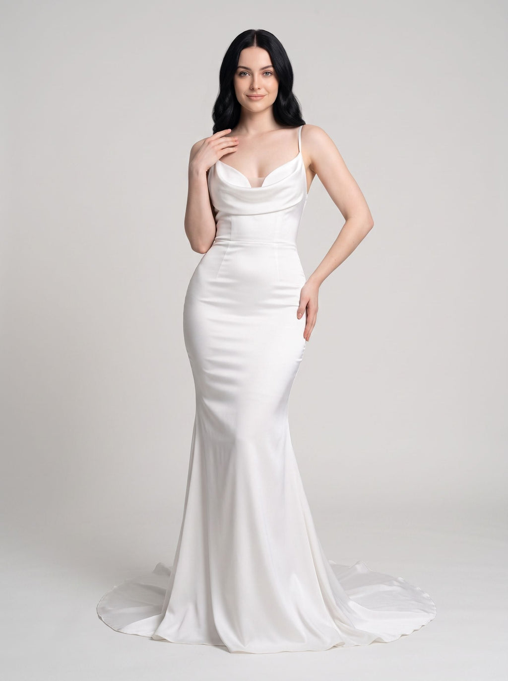 White Satin Mermaid Cowl Neck Bow Floor-Length Dress with Small Train - Curvevia