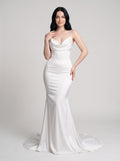 White Satin Mermaid Cowl Neck Bow Floor-Length Dress with Small Train - Curvevia