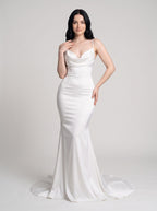 White Satin Mermaid Cowl Neck Bow Floor-Length Dress with Small Train - Curvevia