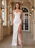 White Satin Sheath Sweetheart Criss-Cross Straps Floor-Length Dress with High Slit - Curvevia
