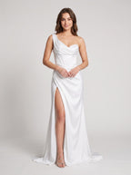 White Satin column One Shoulder Corset Back Floor-Length Dress with High Slit - Curvevia
