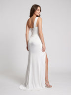 White Satin column One Shoulder Corset Back Floor-Length Dress with High Slit - Curvevia