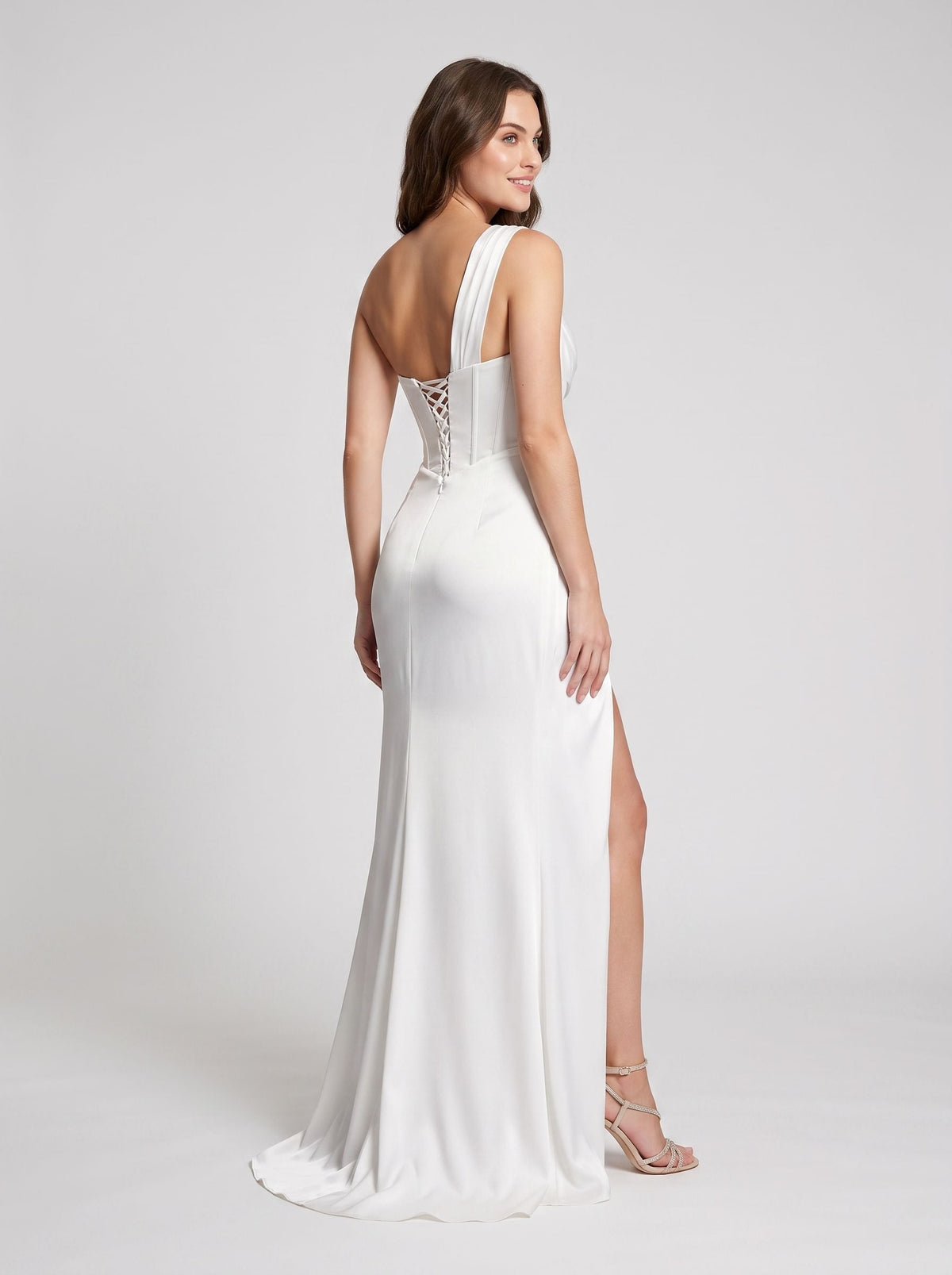 White Satin column One Shoulder Corset Back Floor-Length Dress with High Slit - Curvevia