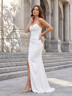 White Satin column One Shoulder Corset Back Floor-Length Dress with High Slit - Curvevia