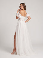 White Tulle A-Line Sweetheart Lace-up Floor-Length Dress with Removable Puff Sleeves - Curvevia
