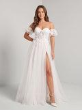 White Tulle A-Line Sweetheart Lace-up Floor-Length Dress with Removable Puff Sleeves - Curvevia