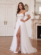 White Tulle A-Line Sweetheart Lace-up Floor-Length Dress with Removable Puff Sleeves - Curvevia