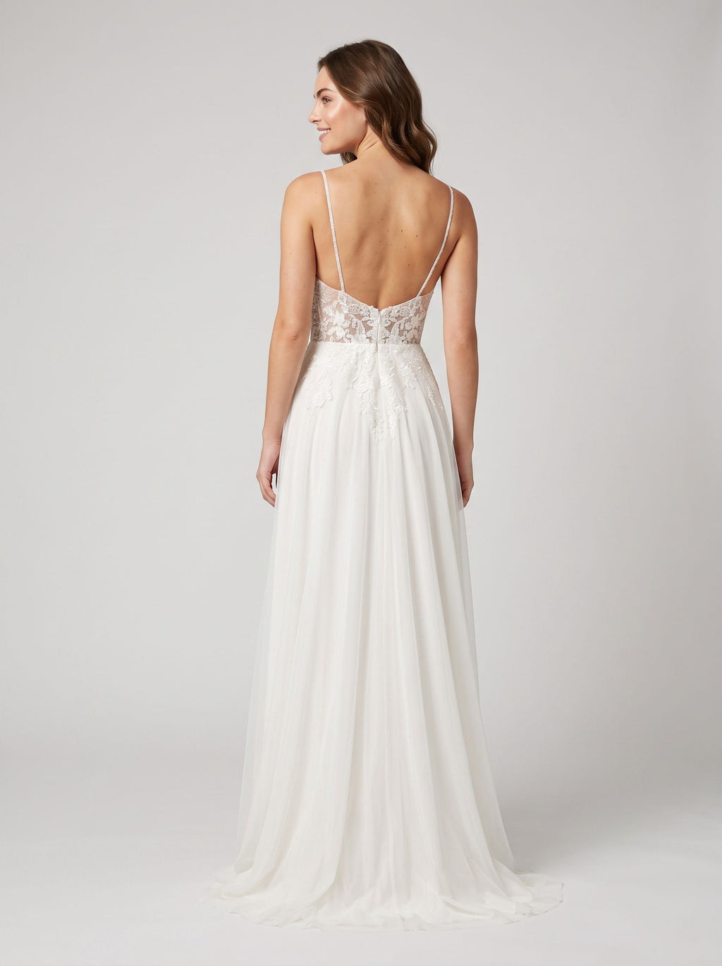 White Tulle A-Line V-Neck Illusion Floor-Length Dress with Floral Embroidery - Curvevia