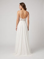 White Tulle A-Line V-Neck Illusion Floor-Length Dress with Floral Embroidery - Curvevia
