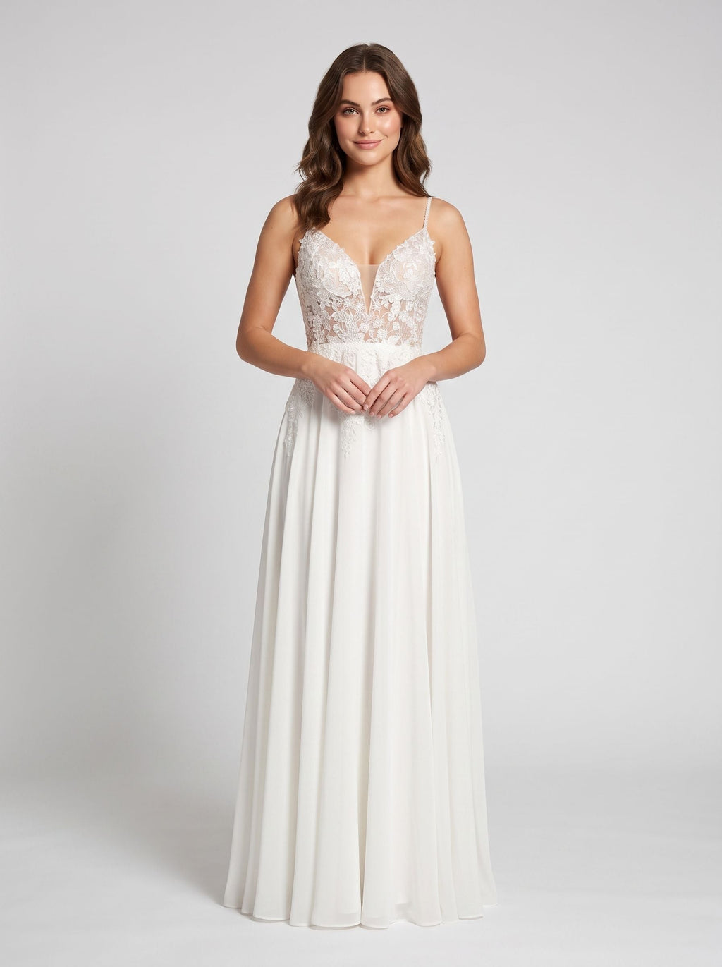 White Tulle A-Line V-Neck Illusion Floor-Length Dress with Floral Embroidery - Curvevia