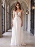 White Tulle A-Line V-Neck Illusion Floor-Length Dress with Floral Embroidery - Curvevia