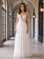 White Tulle A-Line V-Neck Illusion Floor-Length Dress with Floral Embroidery - Curvevia