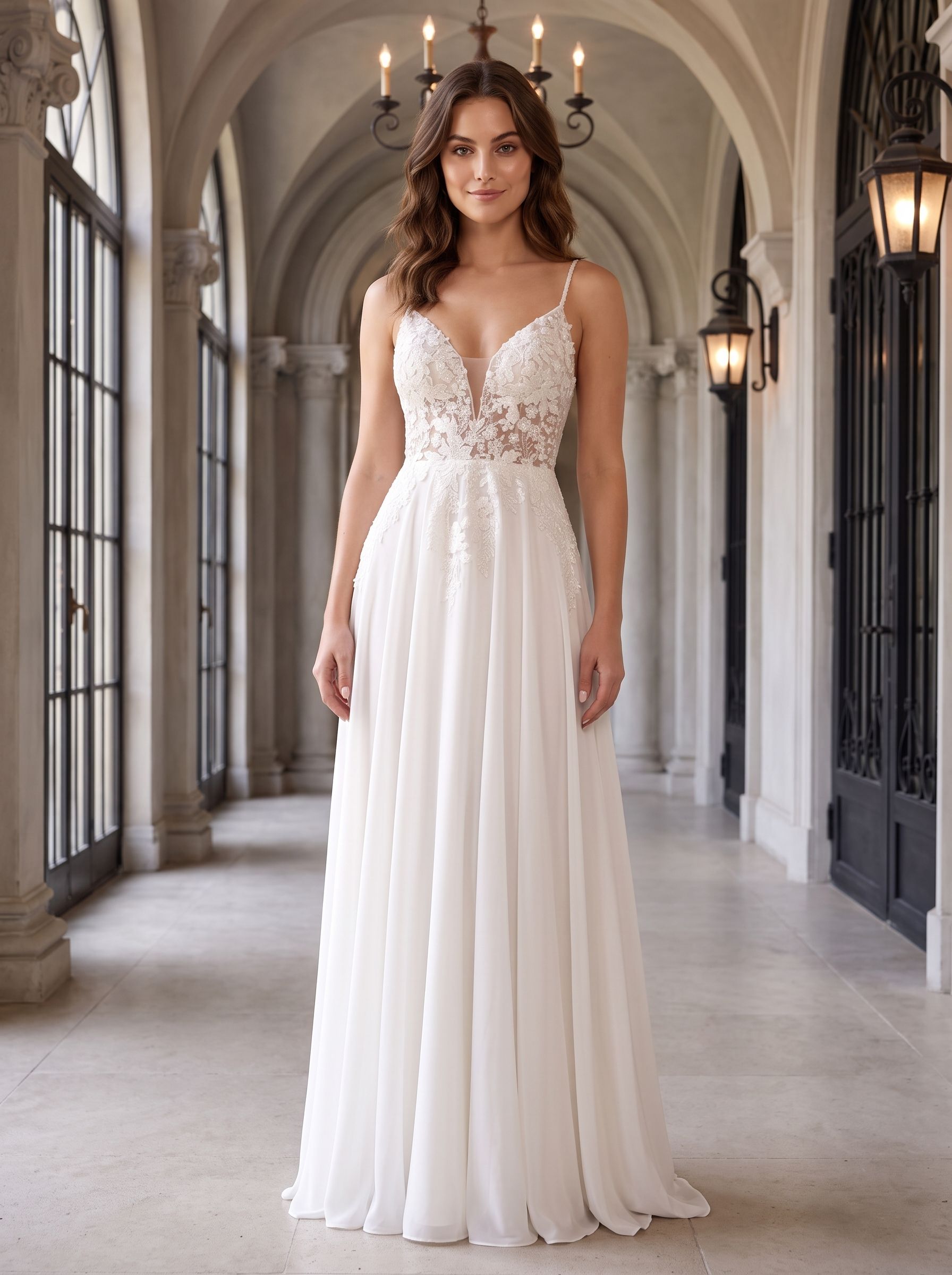 White Tulle A-Line V-Neck Illusion Floor-Length Dress with Floral Embroidery - Curvevia
