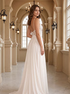 White Tulle A-Line V-Neck Illusion Floor-Length Dress with Floral Embroidery - Curvevia