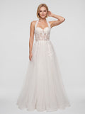 White Tulle and Lace A-Line Halter neckline Floor-Length Dress with Embroidered Bodice - Curvevia
