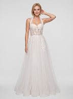 White Tulle and Lace A-Line Halter neckline Floor-Length Dress with Embroidered Bodice - Curvevia