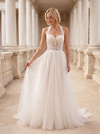White Tulle and Lace A-Line Halter neckline Floor-Length Dress with Embroidered Bodice - Curvevia