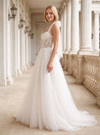 White Tulle and Lace A-Line Halter neckline Floor-Length Dress with Embroidered Bodice - Curvevia