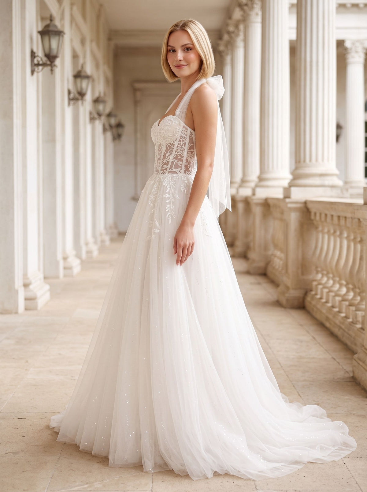 White Tulle and Lace A-Line Halter neckline Floor-Length Dress with Embroidered Bodice - Curvevia