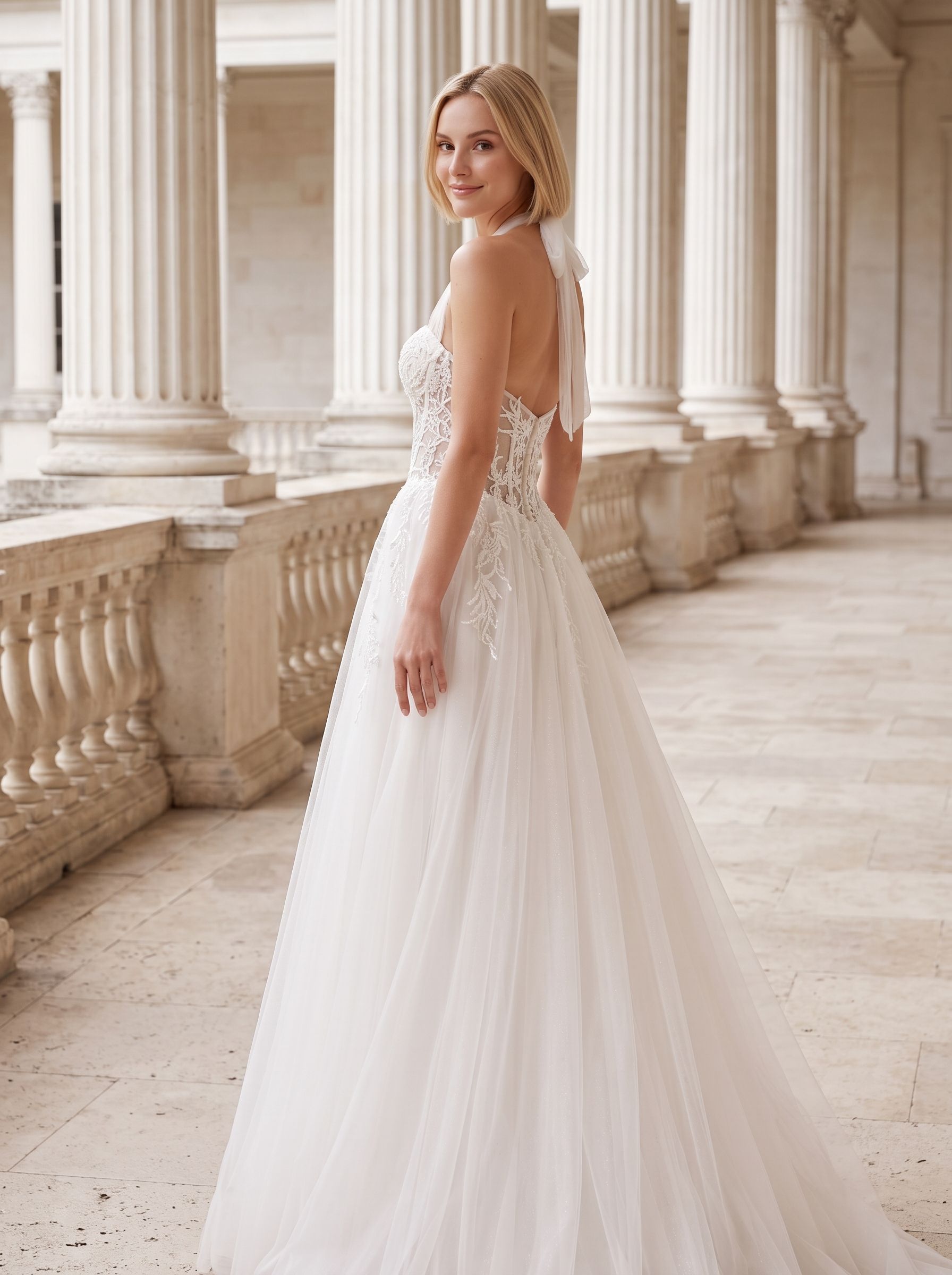 White Tulle and Lace A-Line Halter neckline Floor-Length Dress with Embroidered Bodice - Curvevia