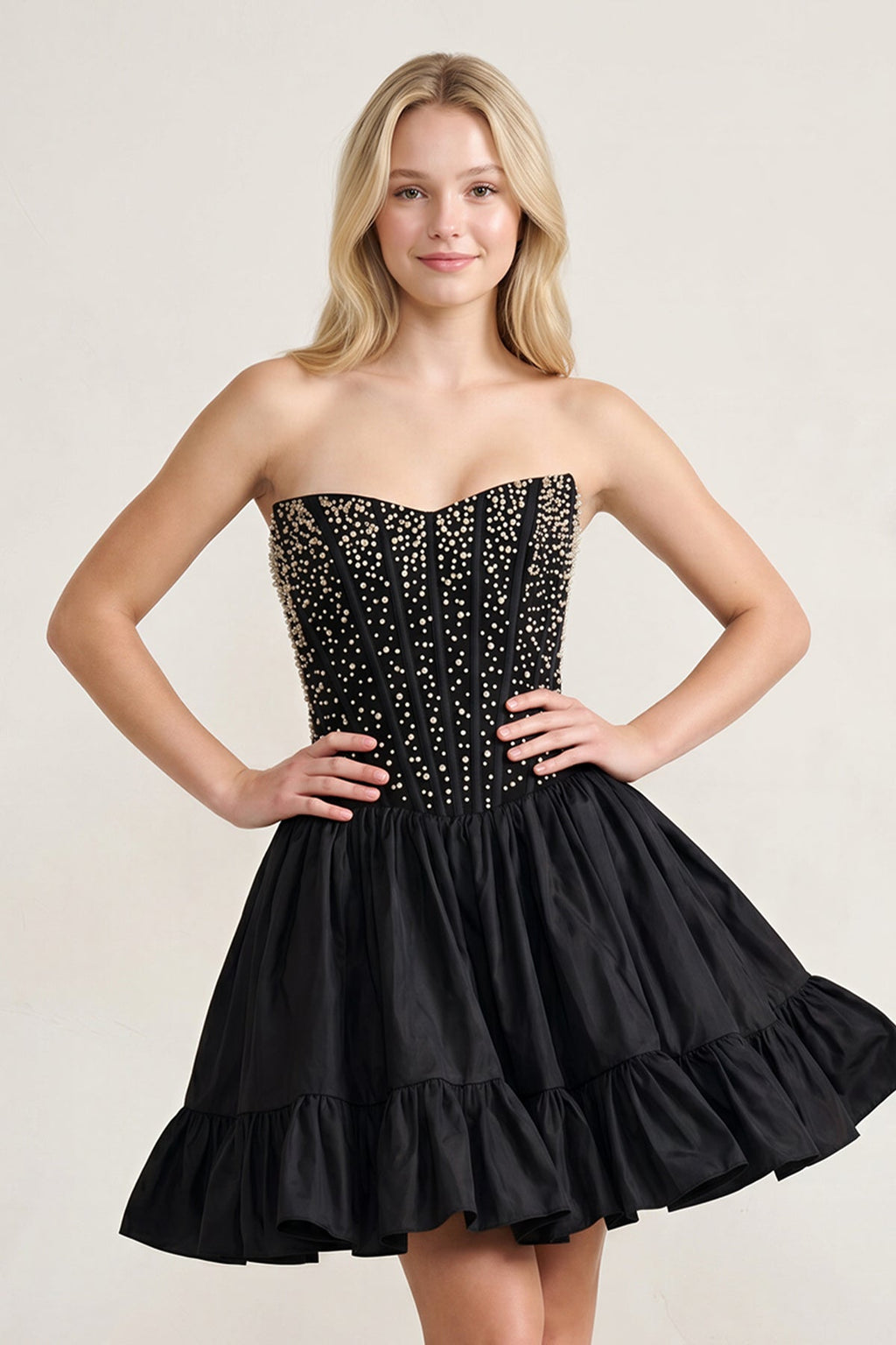 Pink Strapless A Line Satin Ruffles Wedding Guest Dress With Pearls - Curvevia
