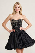Pink Strapless A Line Satin Ruffles Wedding Guest Dress With Pearls - Curvevia