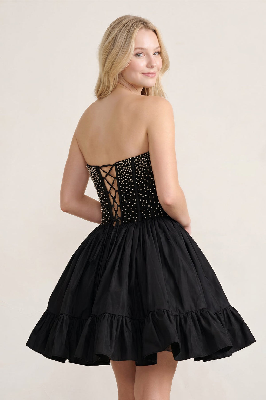 Pink Strapless A Line Satin Ruffles Wedding Guest Dress With Pearls - Curvevia