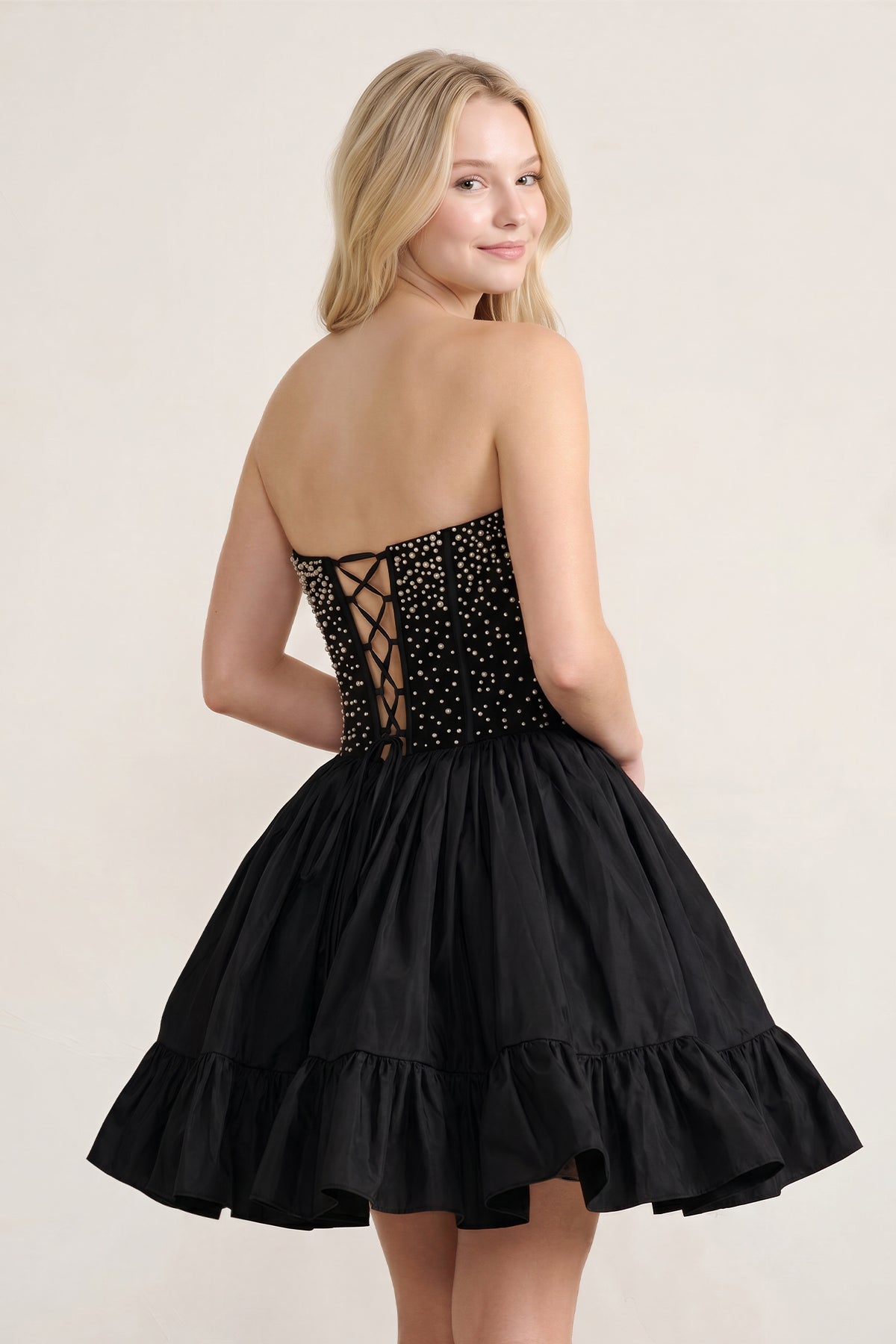Pink Strapless A Line Satin Ruffles Wedding Guest Dress With Pearls - Curvevia