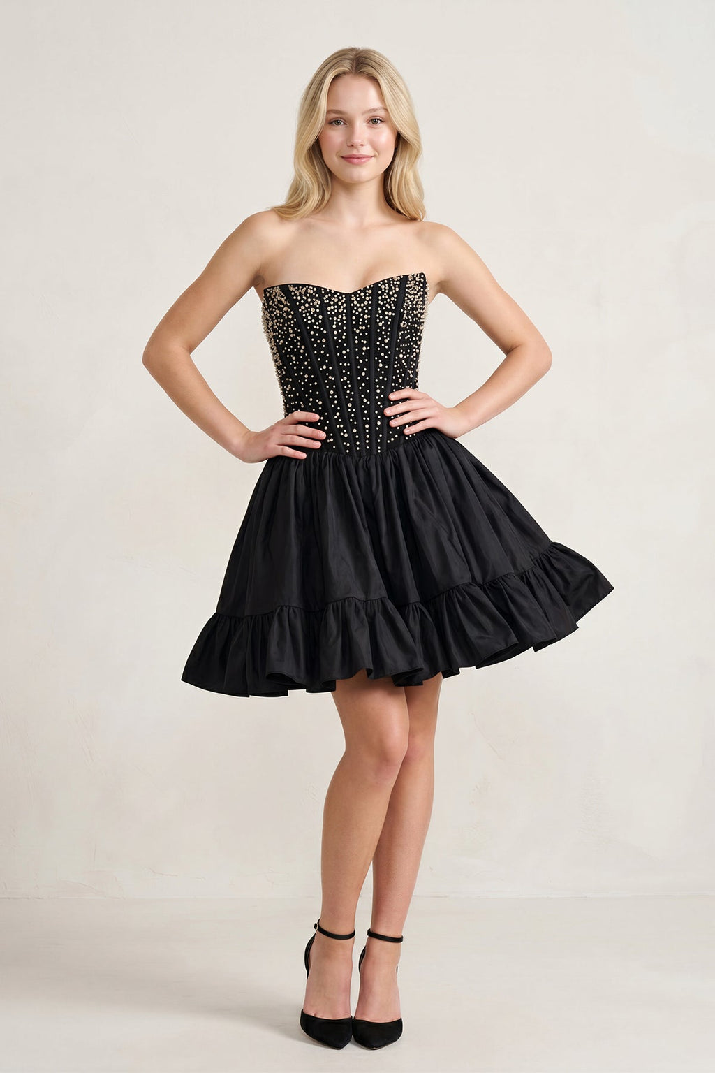 Pink Strapless A Line Satin Ruffles Wedding Guest Dress With Pearls - Curvevia