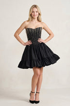 Pink Strapless A Line Satin Ruffles Wedding Guest Dress With Pearls - Curvevia