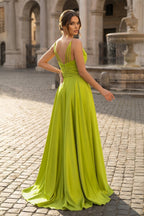 Olive Green Cowl Neck Chain Strap A-Line Long Wedding Guest Dress - Curvevia