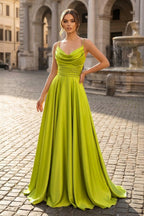 Olive Green Cowl Neck Chain Strap A-Line Long Wedding Guest Dress - Curvevia