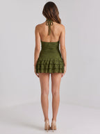 Olive Green Lace Sheath/column Halter neckline Backless Short Dress with Tiered Ruffles - Curvevia