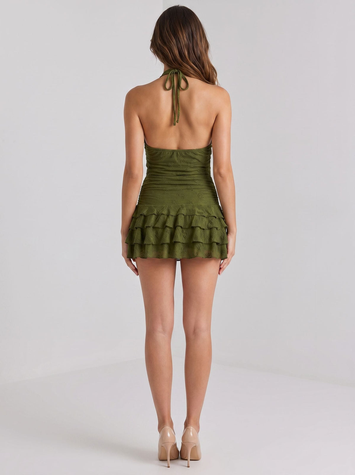Olive Green Lace Sheath/column Halter neckline Backless Short Dress with Tiered Ruffles - Curvevia