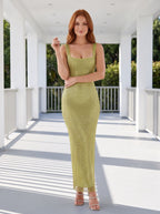 Sage Green Rhinestone Mesh Sheath Square Neck Backless Floor-Length Dress - Curvevia