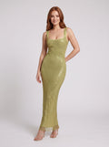 Sage Green Rhinestone Mesh Sheath Square Neck Backless Floor-Length Dress - Curvevia
