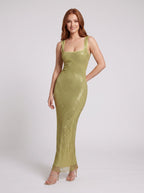 Sage Green Rhinestone Mesh Sheath Square Neck Backless Floor-Length Dress - Curvevia